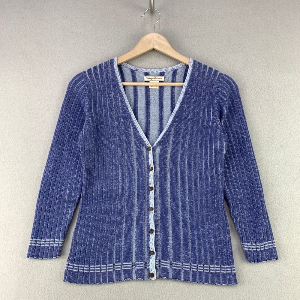 Tommy Bahama Ribbed Cardigan Sweater Women XS Blue Silk V-Neck Button Front